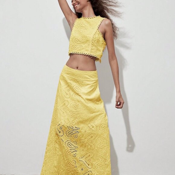 Yellow Boho Women's Floral Hollow Out Full Embroidery  Crop Top - Picture 10 of 10